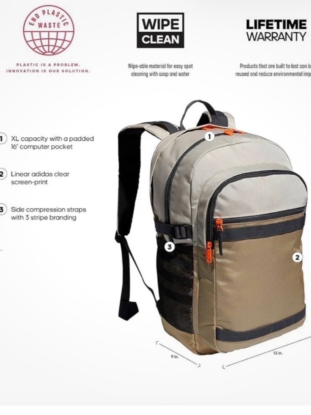 Adidas Core Advantage 3 Backpack Beige Black Grey with Laptop Pocket - Picture 3 of 9